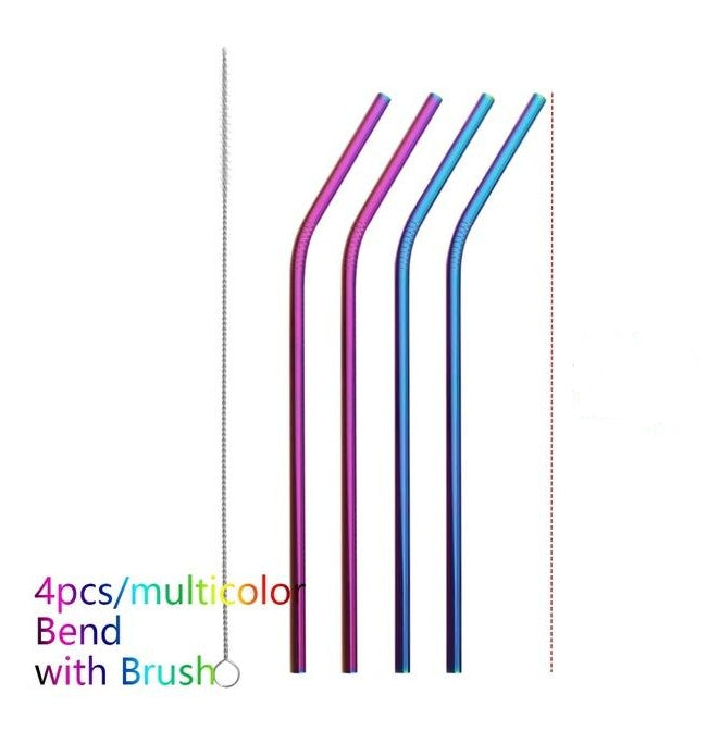 Set of colorful stainless steel straws with bend and cleaning brush included