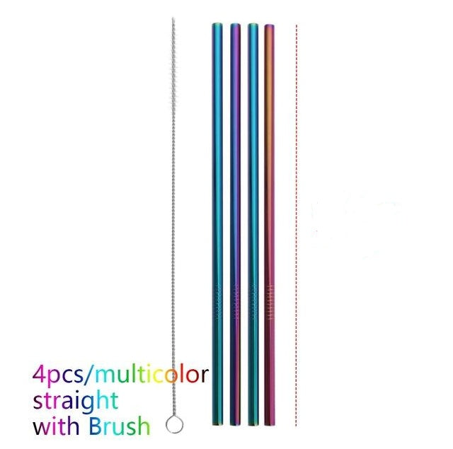 Set of colorful stainless steel straws with a cleaning brush for reusable drinkware