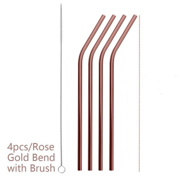Set of 4 rose gold bend colorful stainless steel straws with cleaning brush from Shopi Vella