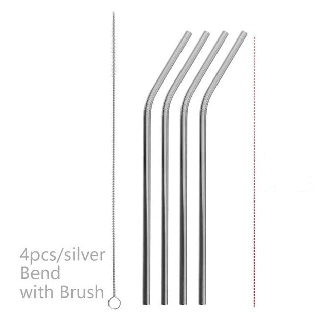 Set of four silver bend reusable colorful stainless steel straws with cleaning brush