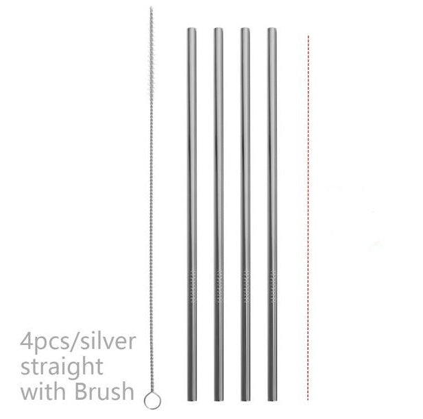 Set of four silver straight stainless steel straws with cleaning brush from Shopi Vella colorful stainless steel straws