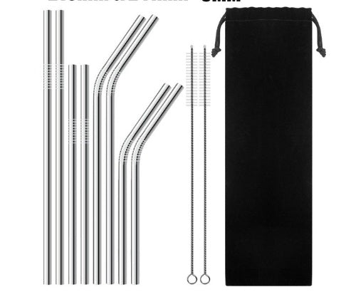 Set of silver reusable colorful stainless steel straws with cleaning brushes and black carrying pouch