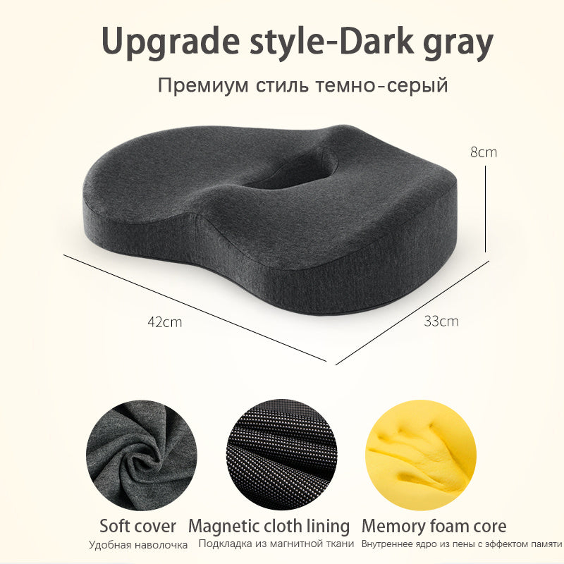 Comfortable car seat cushion for long drives in dark gray with soft cover and memory foam core