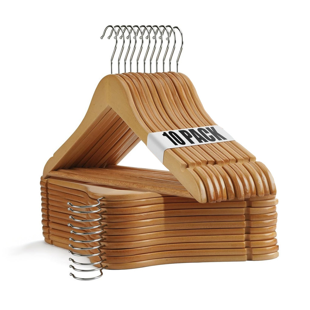 Shopi Vella commercial grade wood hangers set of 10 sturdy natural wooden clothing hangers
