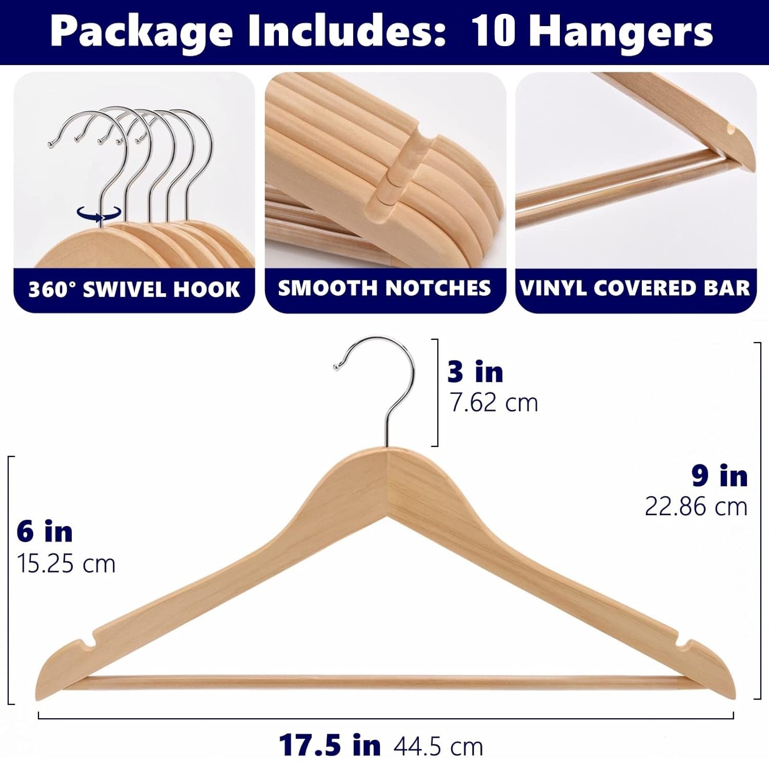 Shopi Vella commercial grade wood hangers set with 360 swivel hook smooth notches and vinyl covered bar