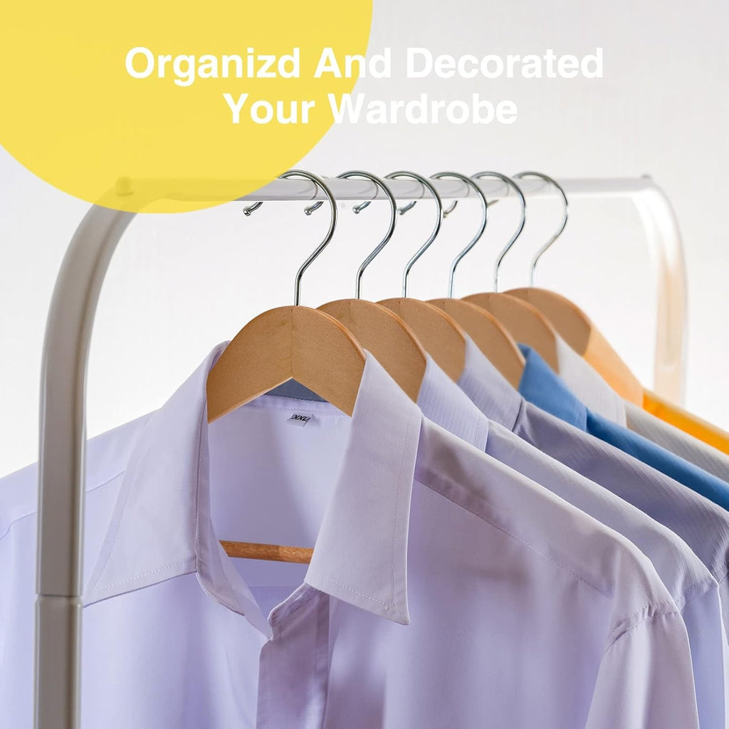 Shopi Vella commercial grade wood hangers set holding white and blue dress shirts on a clothing rack
