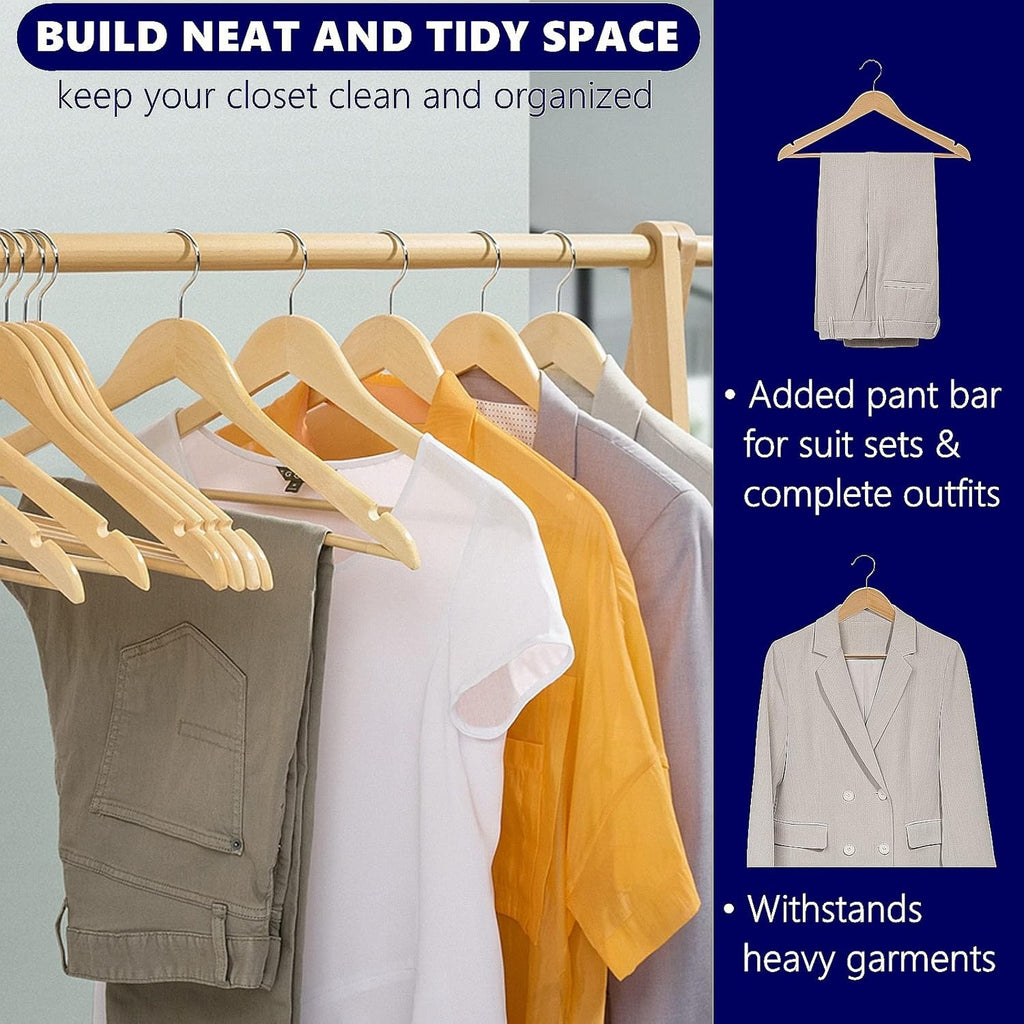 Shopi Vella commercial grade wood hangers set holding pants and shirts on a clothing rack with added pant bar