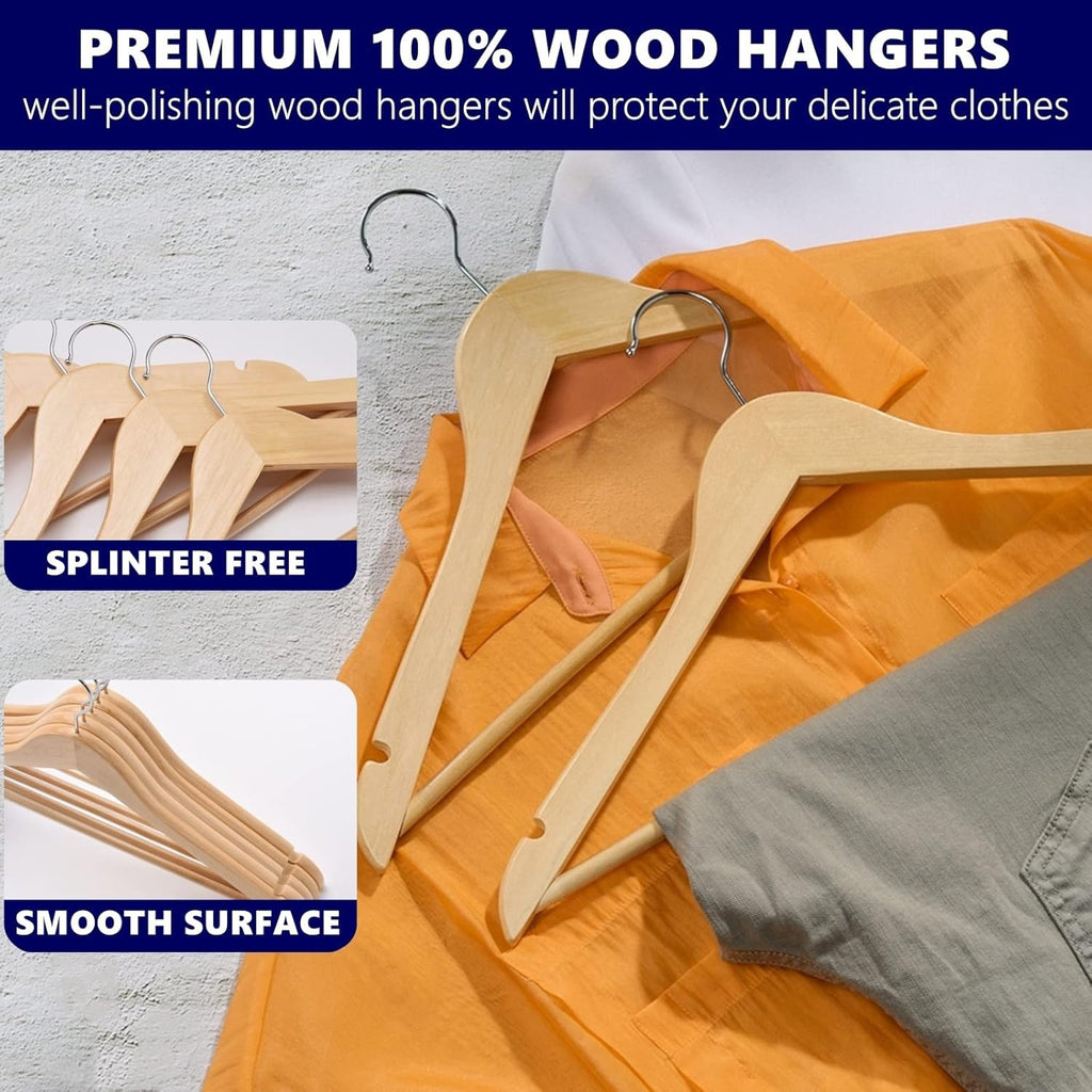 Shopi Vella commercial grade wood hangers set with smooth surface and splinter free finish on clothes