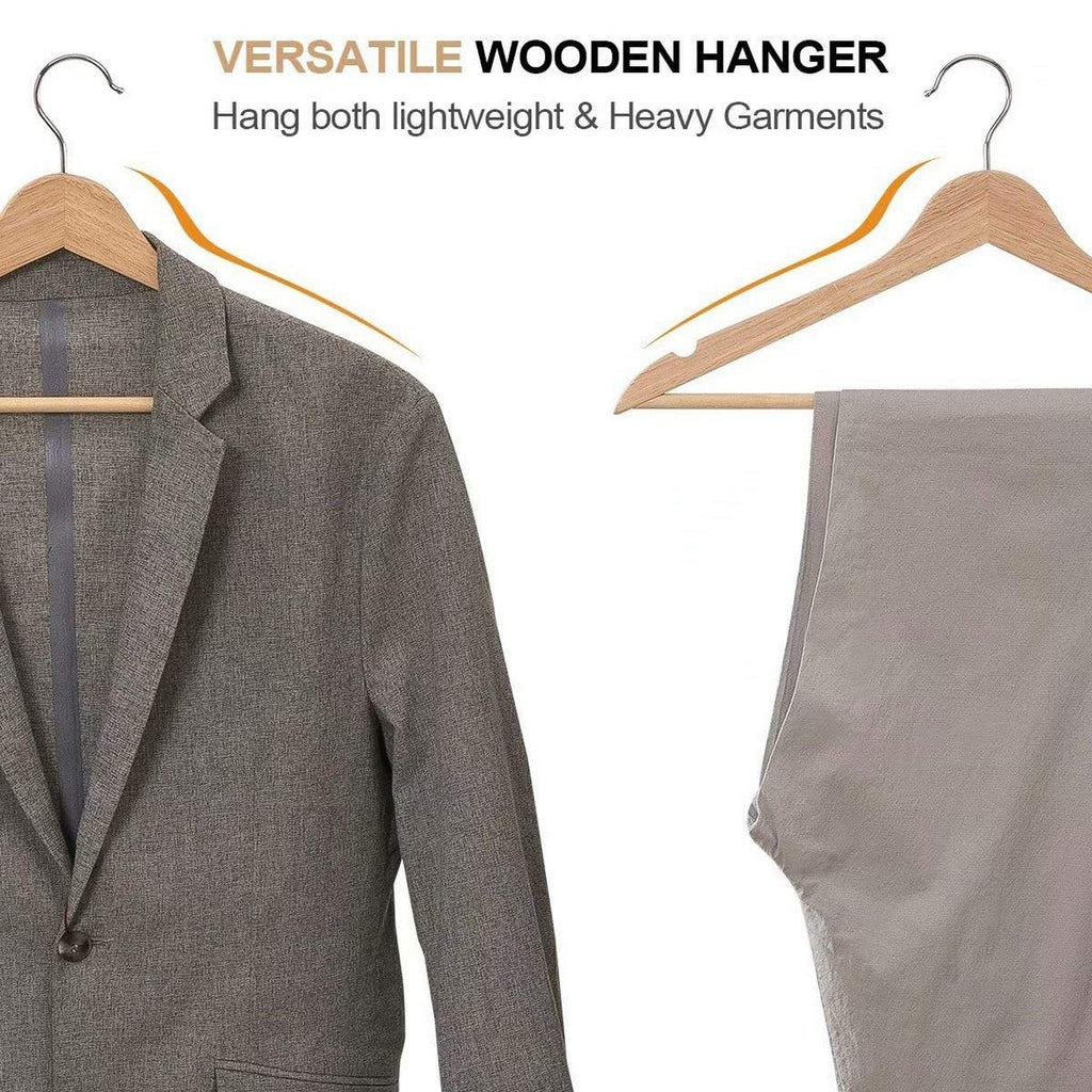 Commercial grade wood hangers set holding a blazer and pants for versatile clothing storage
