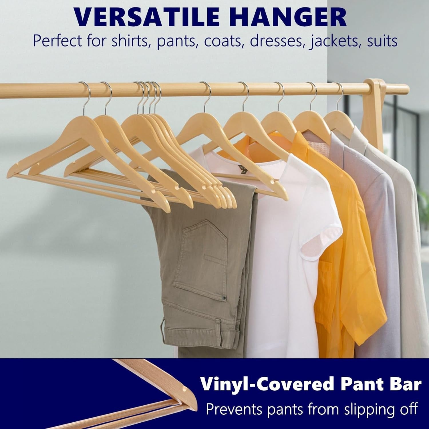 Shopi Vella commercial grade wood hangers set with vinyl-covered pant bar holding shirts pants and jackets on a wooden rod