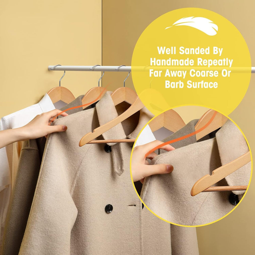 Shopi Vella commercial grade wood hangers set holding beige coats on a metal clothing rack