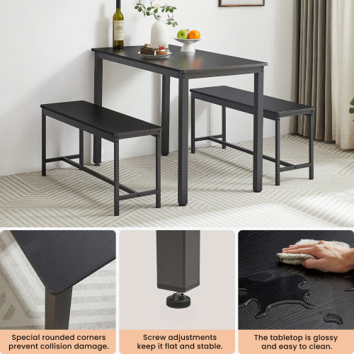 Shopi Vella compact dining set for small spaces with black table and two benches featuring rounded corners and adjustable screw feet