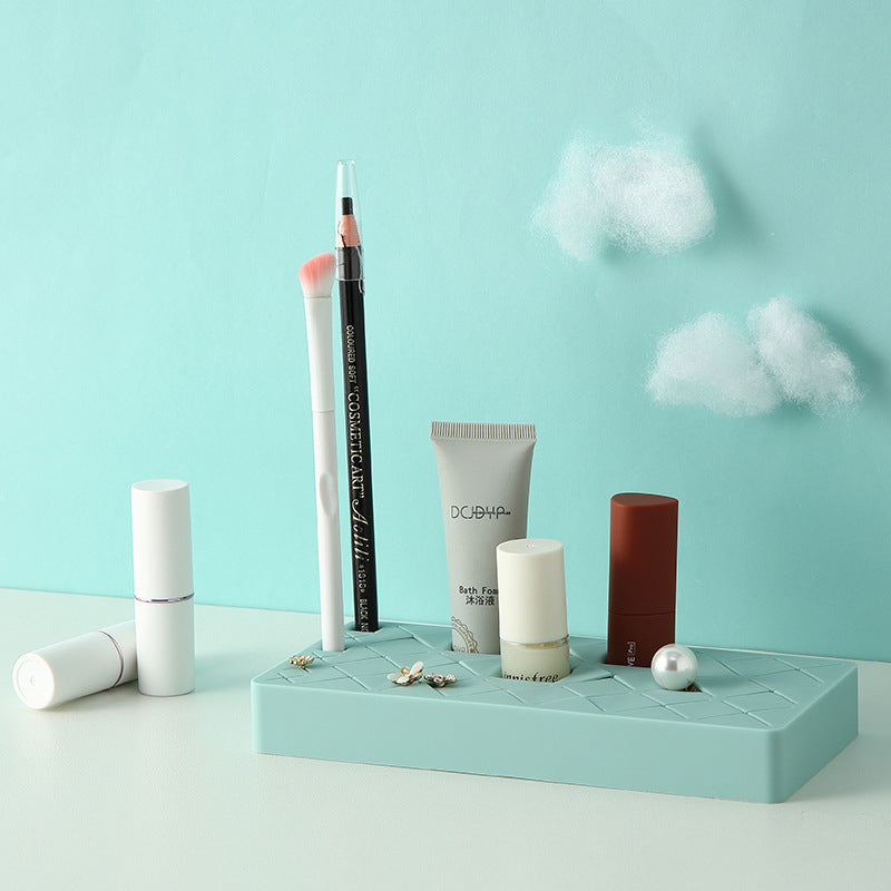 Shopi Vella compact lipstick holder for dressing table in light blue with makeup and accessories organized