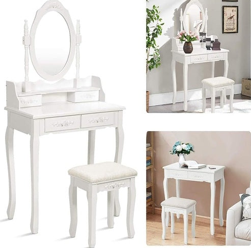 Shopi Vella white vanity table with mirror and cushioned stool girls bedroom furniture set