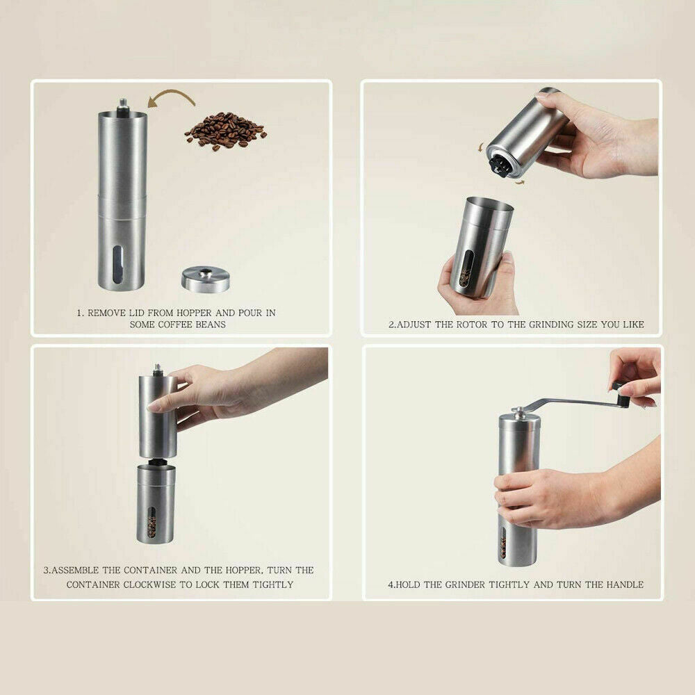 Shopi Vella conical burr coffee bean mill showing step-by-step manual grinding process with stainless steel parts
