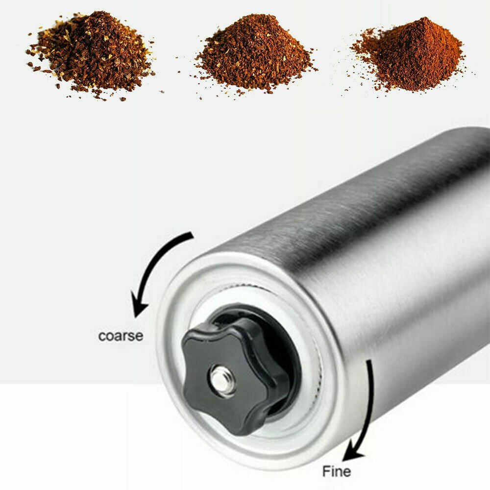 Shopi Vella conical burr coffee bean mill showing adjustable grind settings from coarse to fine
