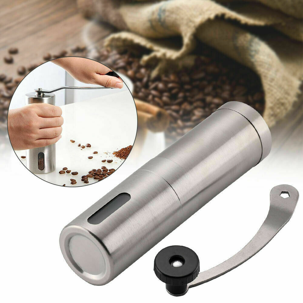 Shopi Vella stainless steel conical burr coffee bean mill with removable handle and clear window