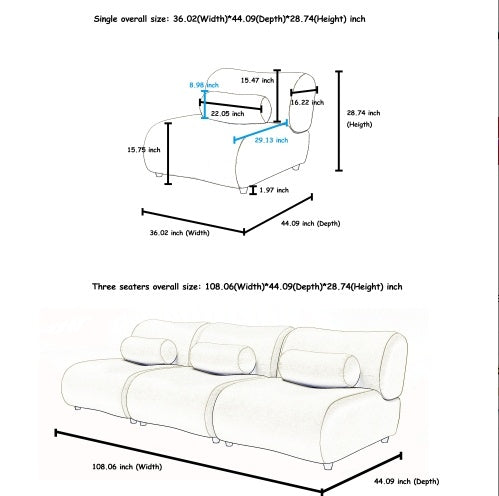 Shopi Vella contemporary green modular sofa with detailed dimensions for single and three seater configurations