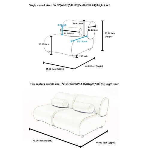 Shopi Vella contemporary green modular sofa dimensions showing width depth and height for single and two-seater sections