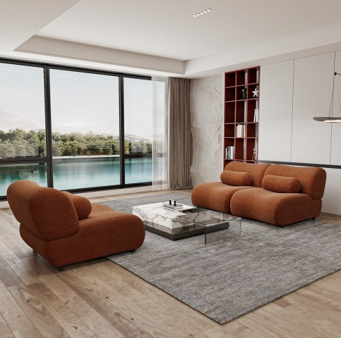 Shopi Vella contemporary green modular sofa set in a modern living room with large windows and wood flooring