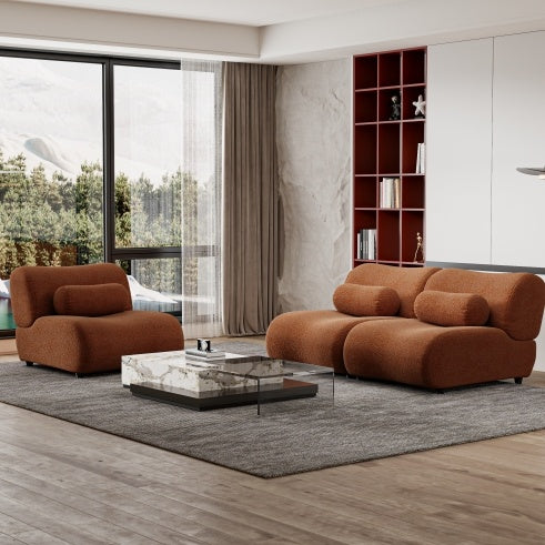 Shopi Vella contemporary green modular sofa in modern living room with large windows and gray rug