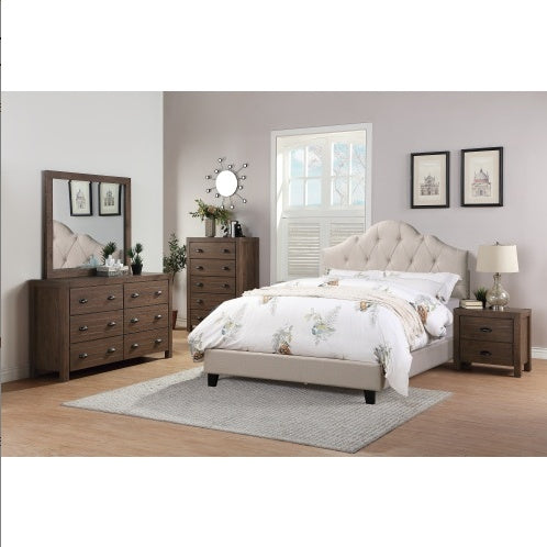 Shopi Vella polyfiber tufted queen bed contemporary in beige with wooden dressers and nightstand in bedroom