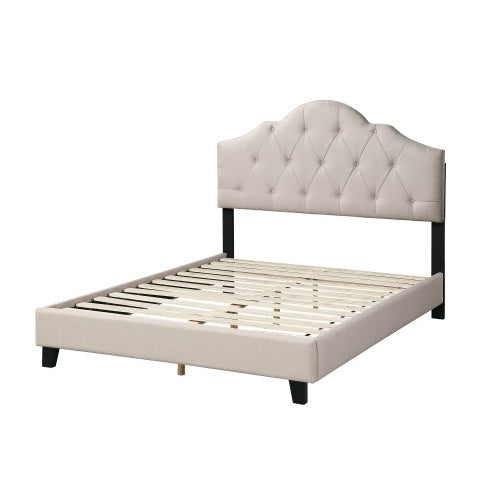 Shopi Vella polyfiber tufted queen bed contemporary design with beige upholstery and wooden frame