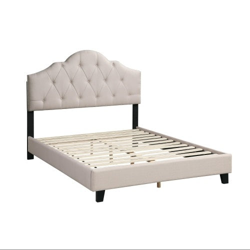 Shopi Vella polyfiber tufted queen bed contemporary design with scalloped headboard and beige upholstery