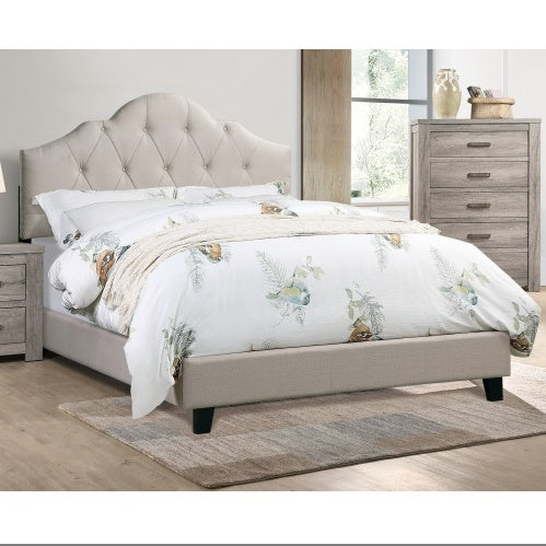 Shopi Vella polyfiber tufted queen bed contemporary design in beige with curved headboard and wooden legs