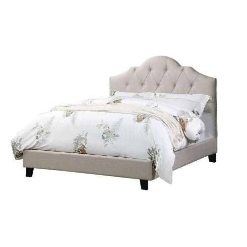 Shopi Vella polyfiber tufted queen bed contemporary style with beige upholstered headboard and floral bedding