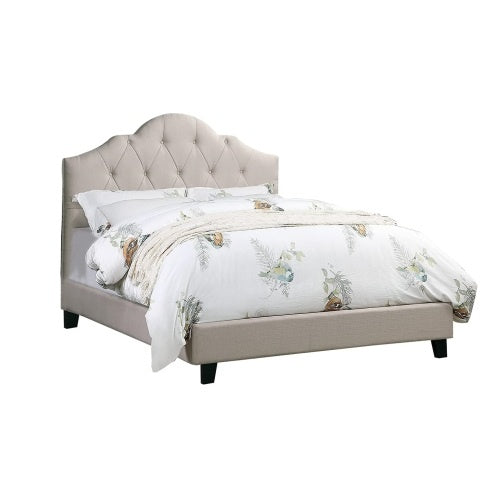 Shopi Vella polyfiber tufted queen bed contemporary style with beige upholstered frame and floral bedding