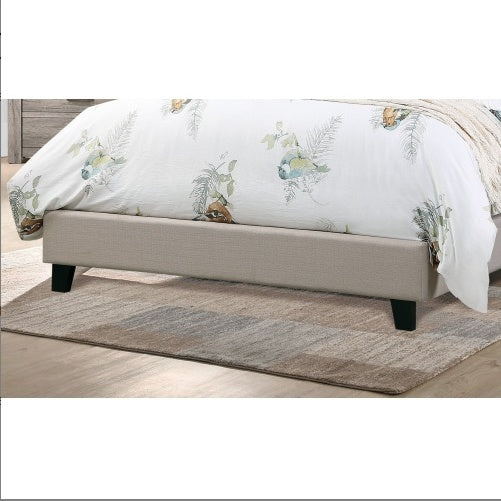 Shopi Vella polyfiber tufted queen bed contemporary with beige fabric and black wooden legs on area rug