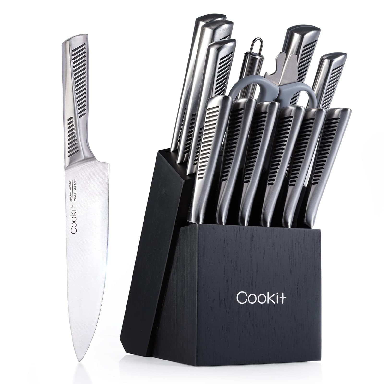 Shopi Vella kitchen knife set with block featuring stainless steel knives and kitchen tools in a black wooden holder