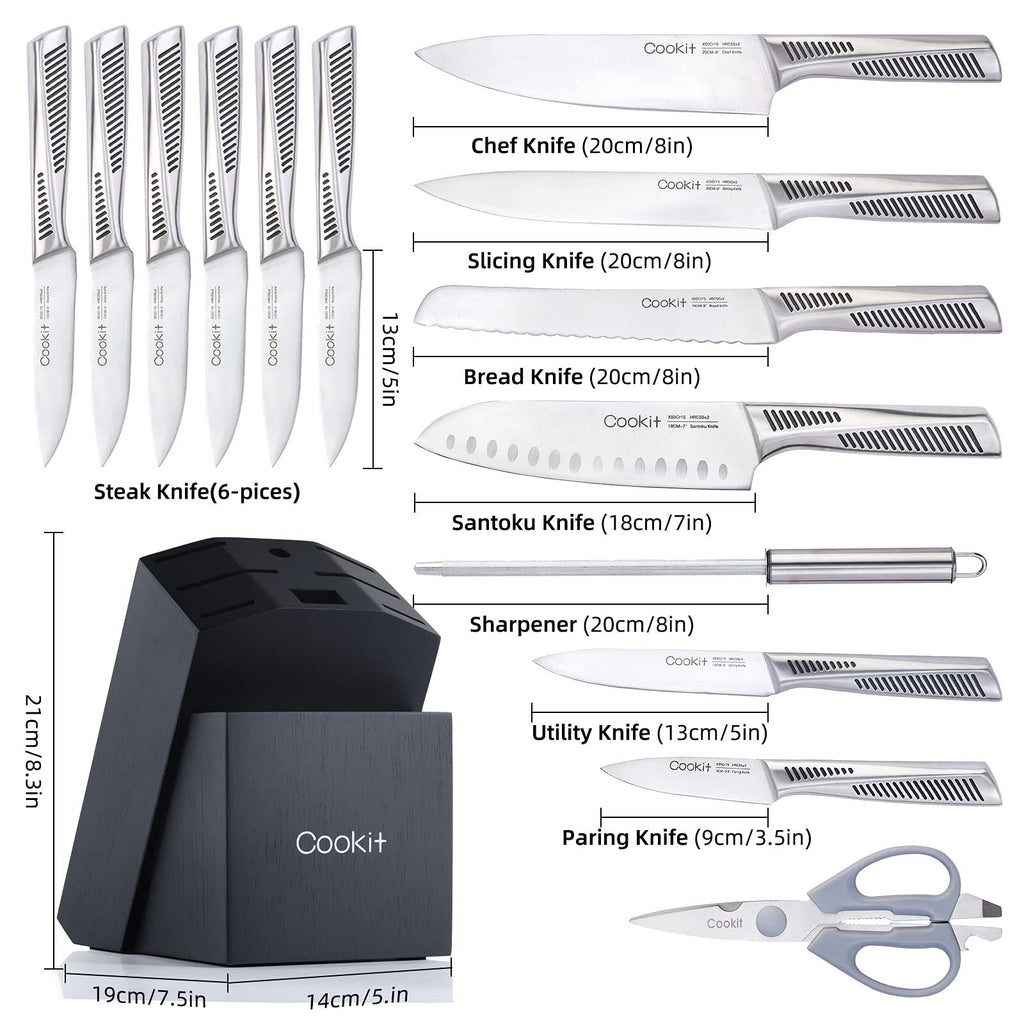 Cookit kitchen knife set with block including chef, slicing, bread, santoku, steak knives, sharpener, utility knife, paring knife, and kitchen scissors