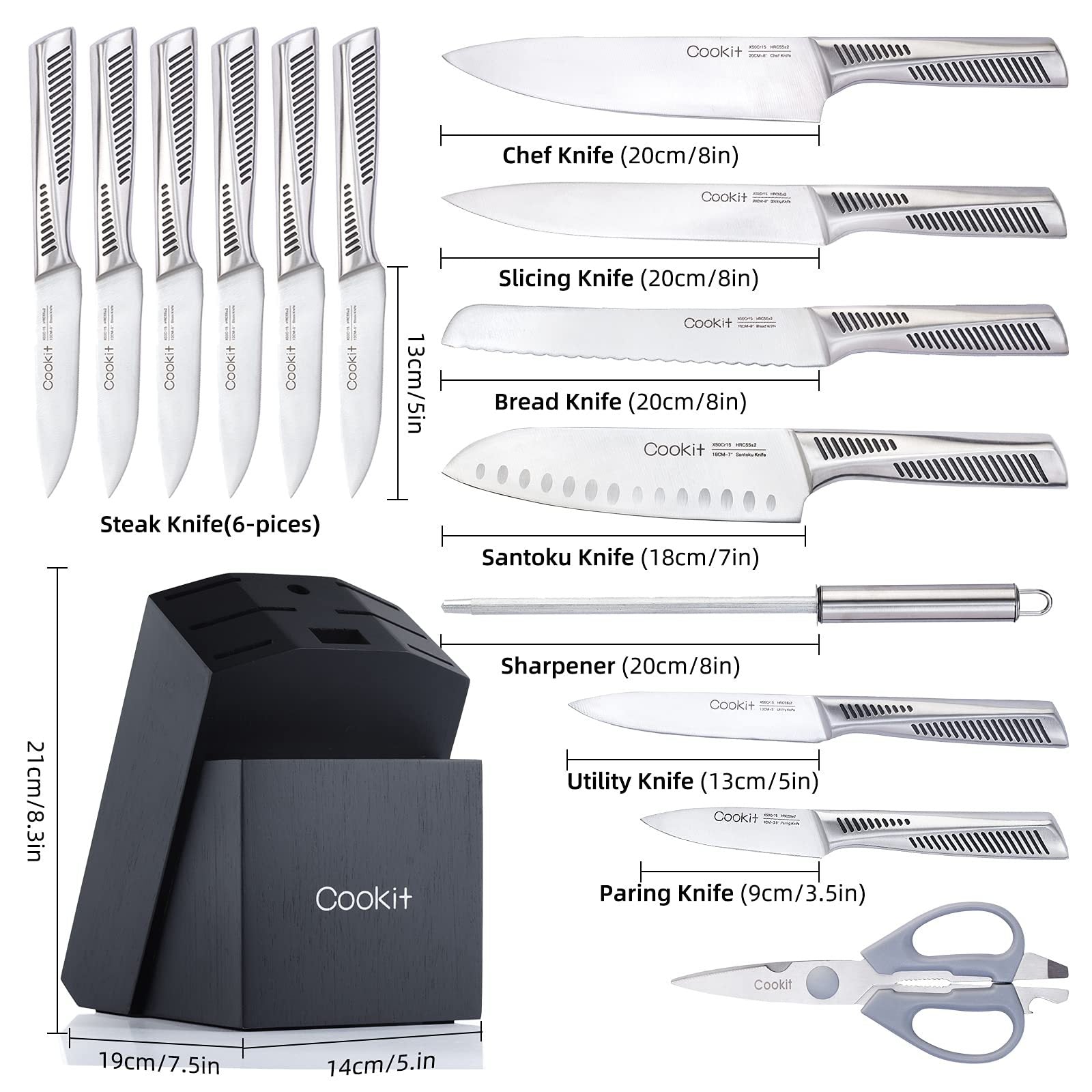 Cookit kitchen knife set with block including chef, slicing, bread, santoku, steak knives, sharpener, utility knife, paring knife, and kitchen scissors