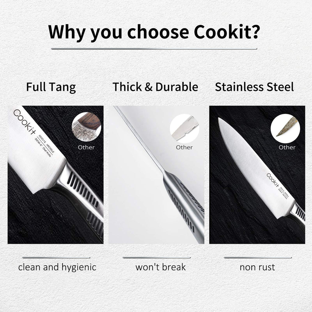 Shopi Vella kitchen knife set with block featuring full tang, thick durable stainless steel blades