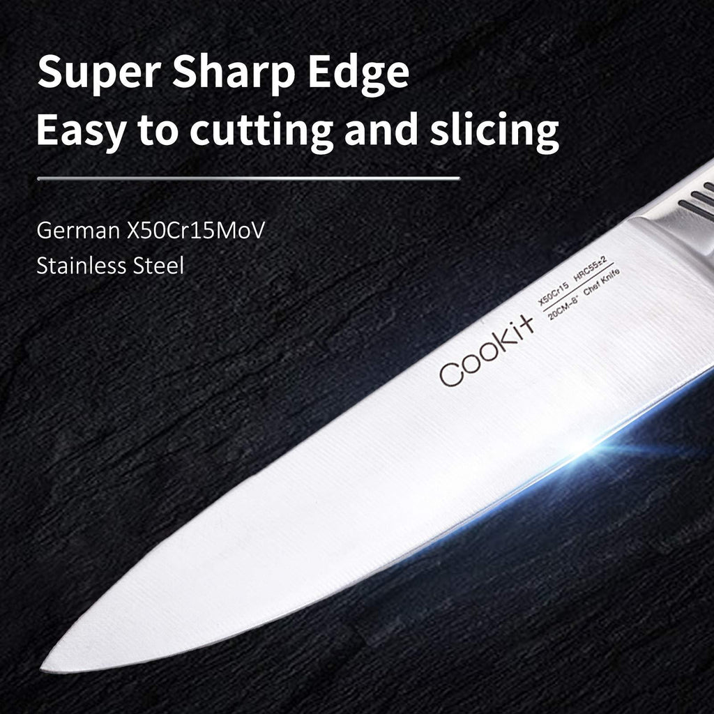 Close-up of a super sharp CookIt kitchen knife with stainless steel blade ideal for kitchen knife set with block