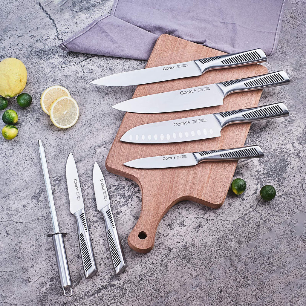 Shopi Vella kitchen knife set with block including six stainless steel knives and sharpening steel on wooden cutting board