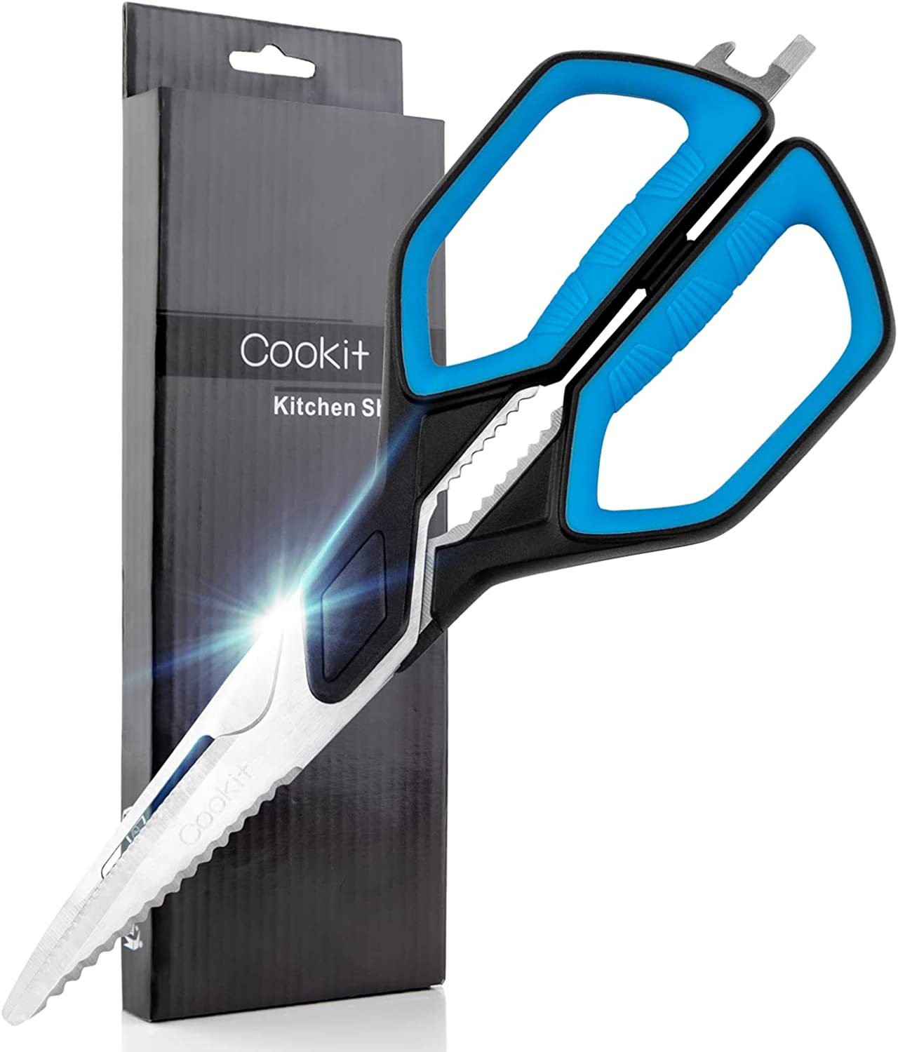 Shopi Vella stainless steel kitchen scissors with blue handles and serrated blades for versatile kitchen storage