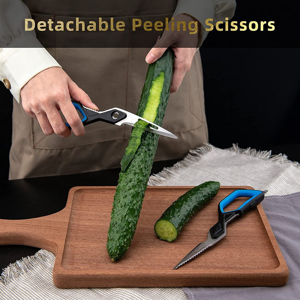 Shopi Vella stainless steel kitchen scissors peeling cucumber with detachable blade on wooden cutting board