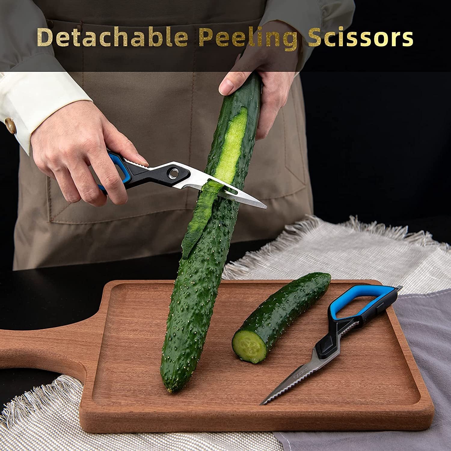 Shopi Vella stainless steel kitchen scissors peeling cucumber with detachable blade on wooden cutting board