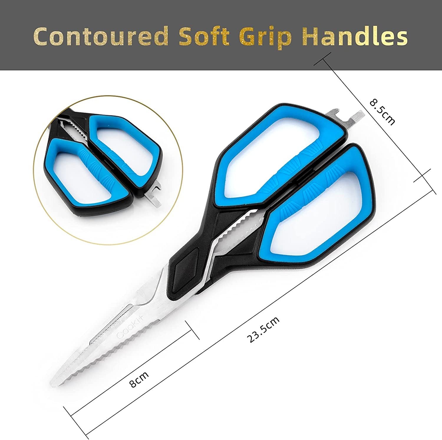Shopi Vella stainless steel kitchen scissors with contoured soft grip handles in black and blue