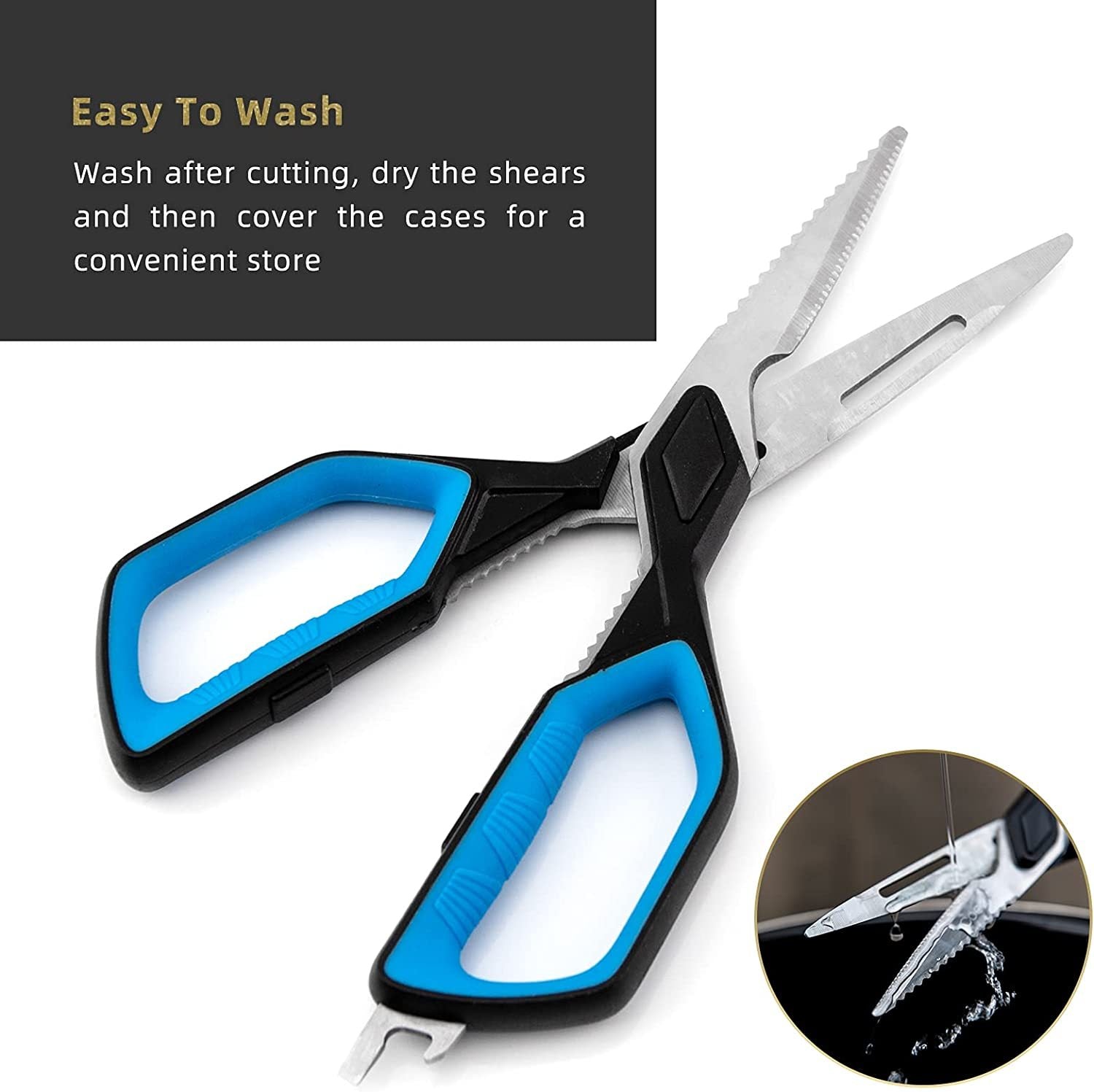 Shopi Vella stainless steel kitchen scissors with blue and black ergonomic handles for easy cutting and washing
