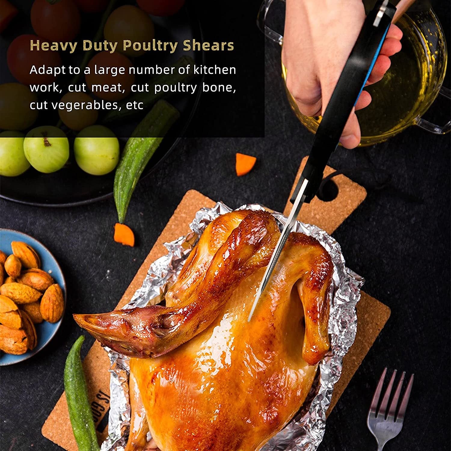 Shopi Vella stainless steel kitchen scissors cutting roasted poultry on wooden board in kitchen storage setup