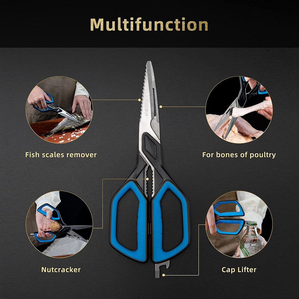 Shopi Vella stainless steel kitchen scissors with blue handles for fish scales, poultry bones, nutcracker, and cap lifter