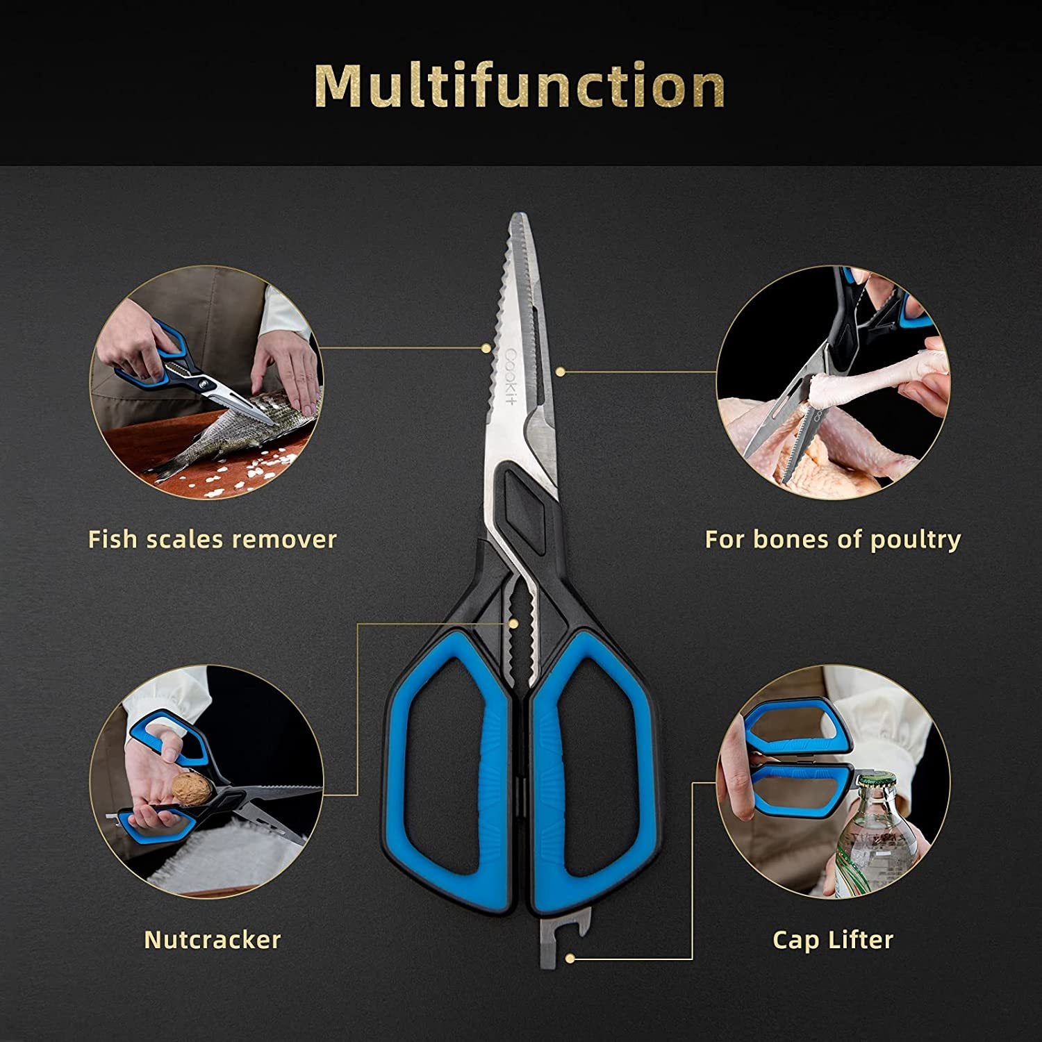 Shopi Vella stainless steel kitchen scissors with blue handles for fish scales, poultry bones, nutcracker, and cap lifter