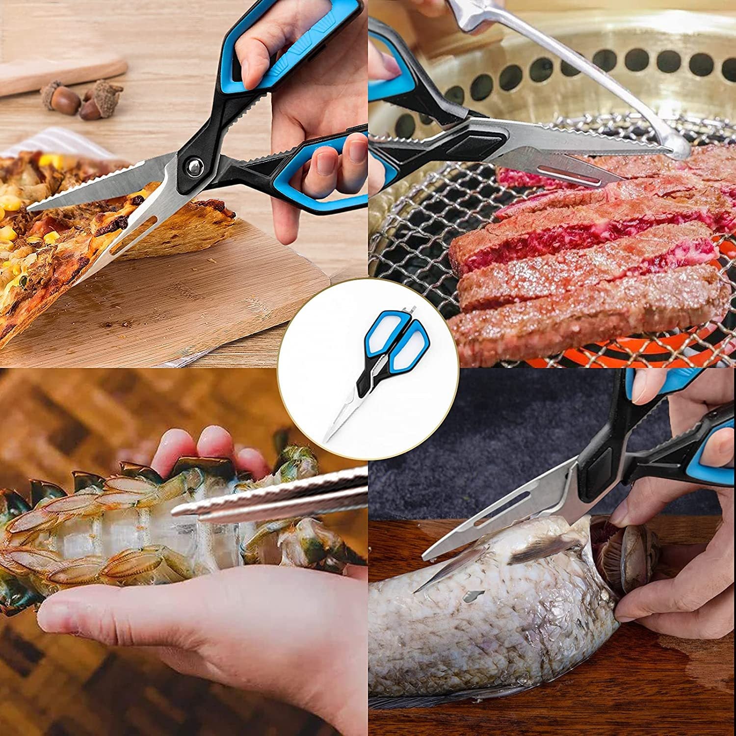Shopi Vella stainless steel kitchen scissors cutting pizza, meat, seafood, and fish with blue handles