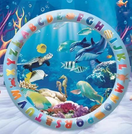 Shopi Vella cooling pet bed for summer with colorful alphabet ring and underwater sea life design
