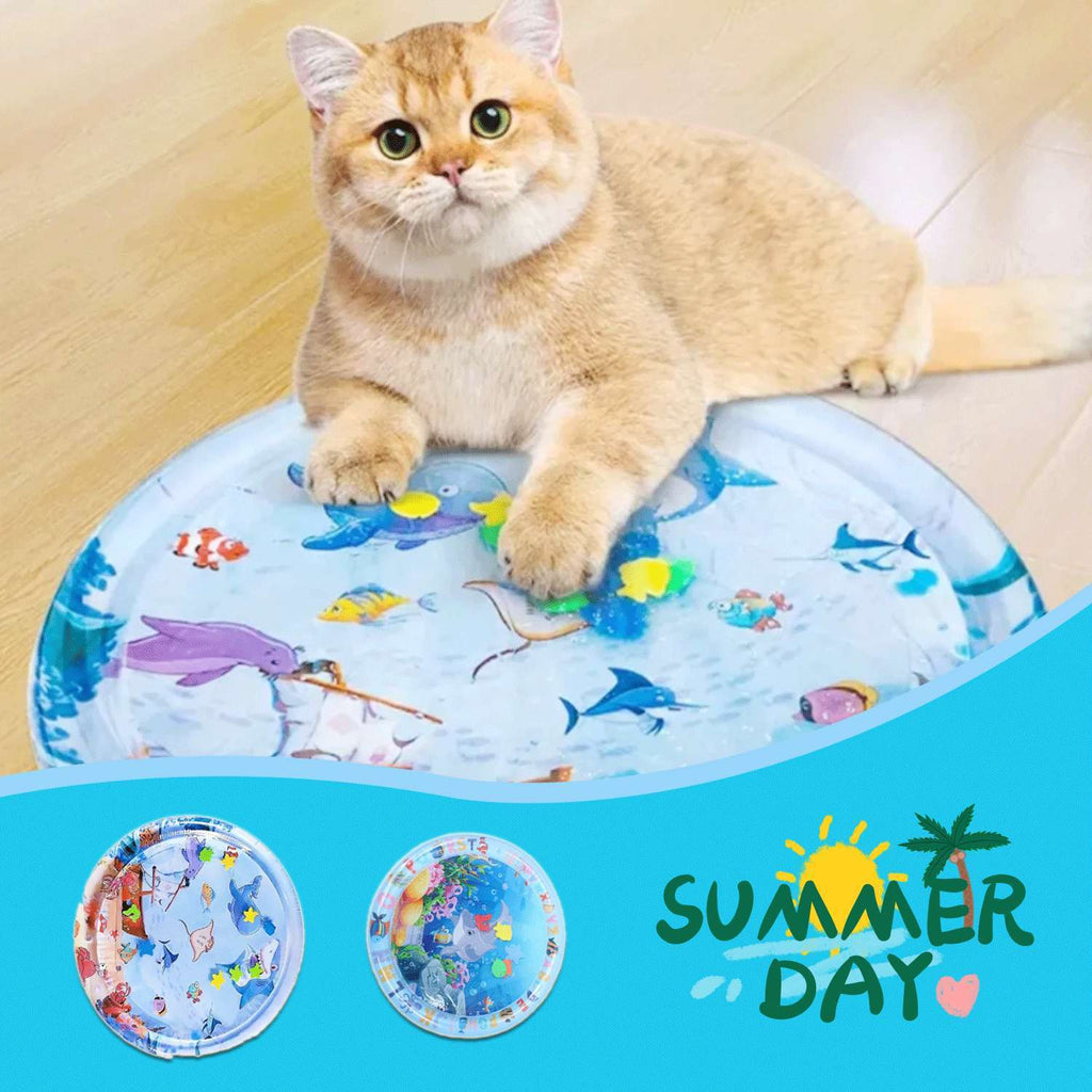 Cat lying on a blue cooling pet bed for summer with marine animal patterns on wooden floor