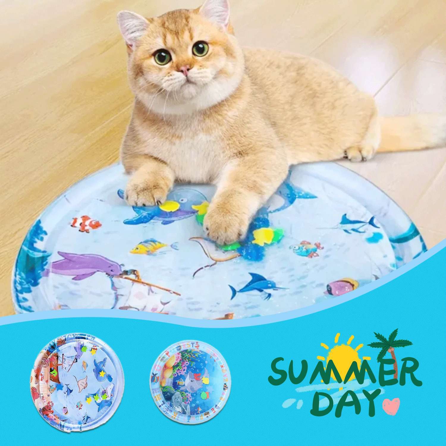 Cat lying on a blue cooling pet bed for summer with marine animal patterns on wooden floor